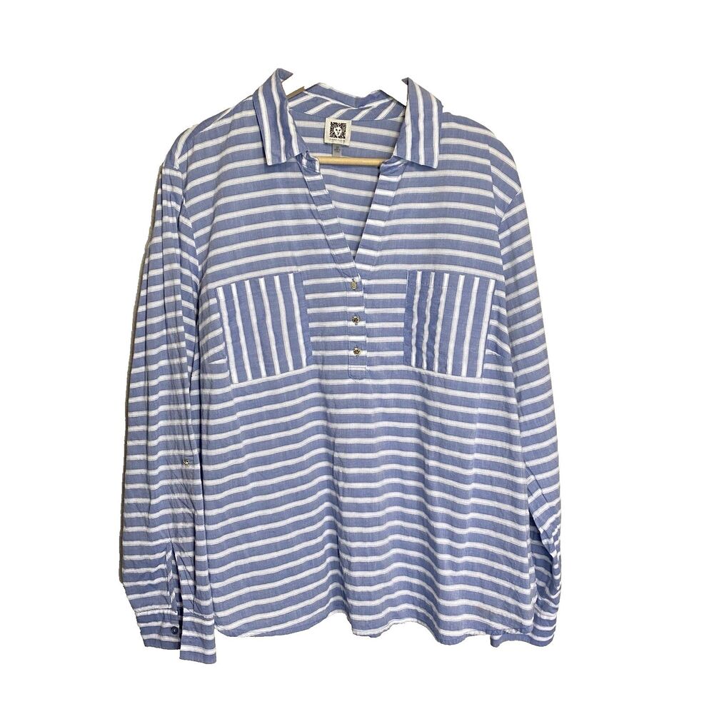 Anne Klein Shirt Blue White Striped Cotton Long Sleeve Pullover Coastal Women 2X
